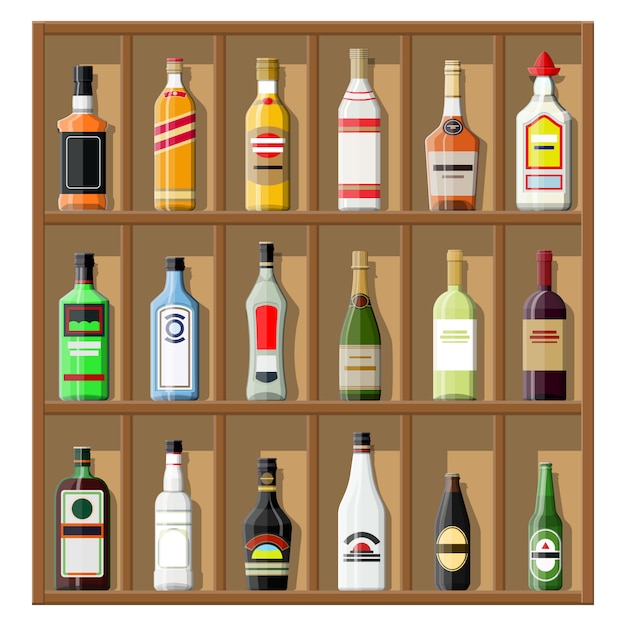 Colección De Bebidas Alcohólicas Botellas En Estante Vector Premium