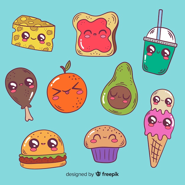 Colección de comida estilo kawaii dibujada a mano Vector Gratis