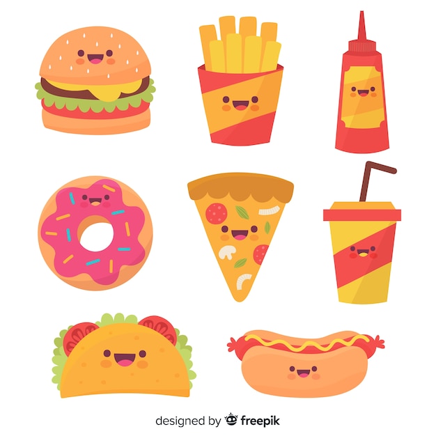 Colección comida rápida kawaii dibujada a mano Vector Gratis