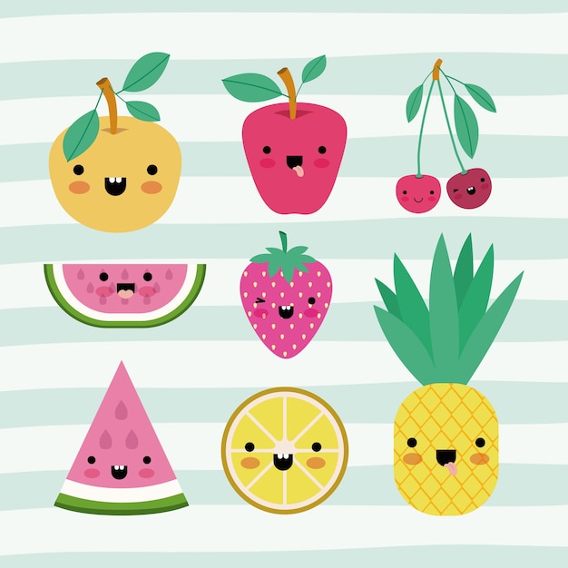 Colección De Frutas Kawaii Descargar Vectores Premium