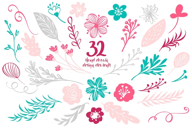 Colección de elementos con hojas y flores para tarjetas de felicitación Vector Premium