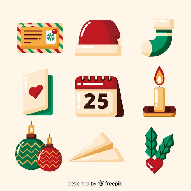 Colección de elementos navideños festivos de diseño plano vector gratuito