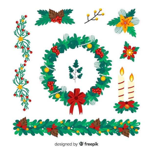 Colección de flores y guirnaldas navideñas dibujadas a mano vector gratuito