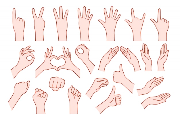 Colección de la forma de la mano como gesto. concepto de ayuda de parada o símbolo de la roca v, derecha o izquierda, animado número uno, dos, tres, cuatro, cinco, cero Vector Premium
