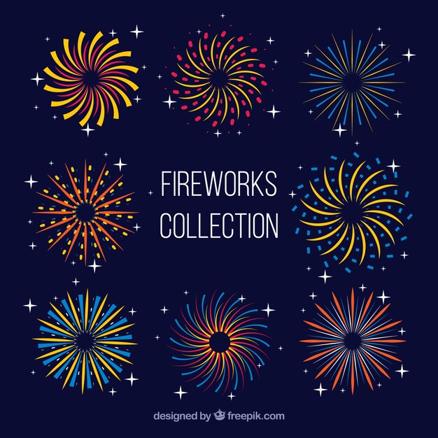 Colección de fuegos artificiales decorativos en diseño plano Vector