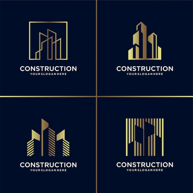 Coleccion De Logotipos De Construccion Dorada Edificio Oro Arquitecto Moderno Abstracto Vector Premium