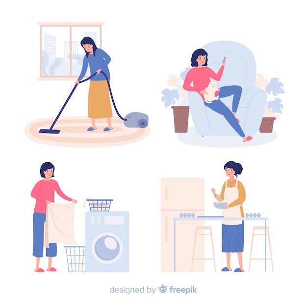 Colección mujer haciendo sus tareas dibujada a mano vector gratuito