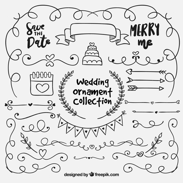 Colección de ornamentos de boda dibujados a mano Vector Gratis