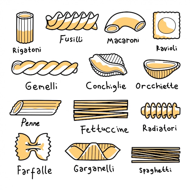 Colección de pasta en línea doodle ilustración | Vector Premium