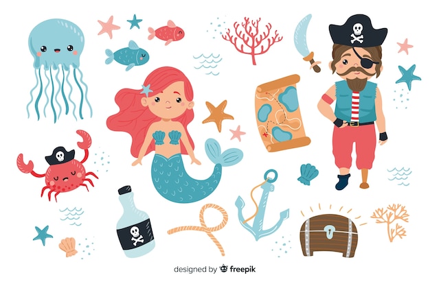 Colección de personajes de la vida marina. vector gratuito