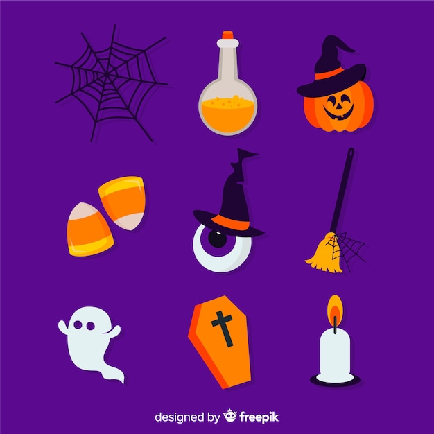 Colección plana de elementos de halloween sobre fondo violeta vector gratuito