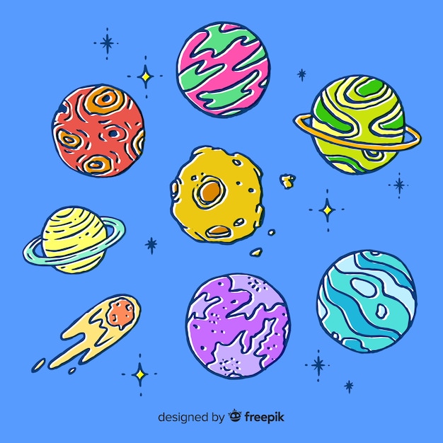 Colección de planeta coloreado dibujado a mano en estilo doodle