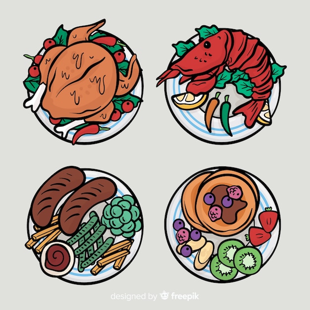 Colección Platos De Comida Dibujada A Mano Vector Gratis 1880