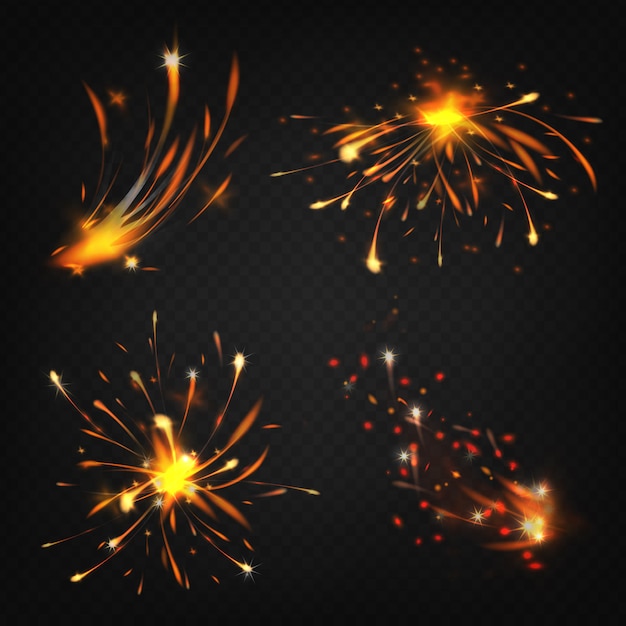 Colección realista de fuegos artificiales, chispas de soldadura o corte de metal. vector gratuito