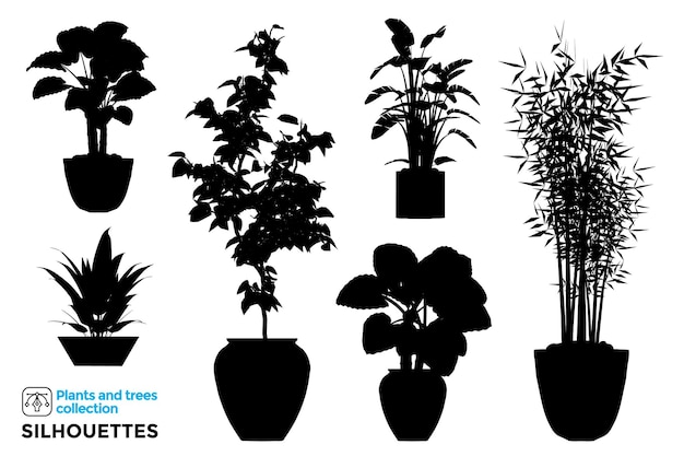 Colección De Siluetas De árboles Y Plantas Aisladas En Macetas De Jardín Vector Premium