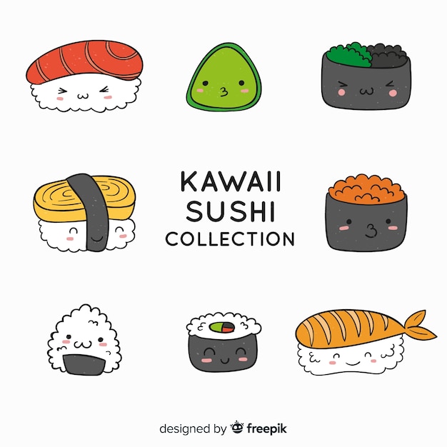 Colección sushi kawaii dibujada a mano Vector Gratis