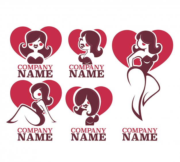 Colección de vectores de ilustración de chicas pinup y logotipo Vector Premium