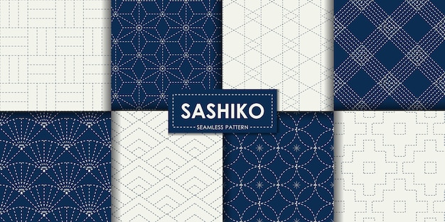 Colección de vectores de patrones sin fisuras sashiko japonés Vector Premium