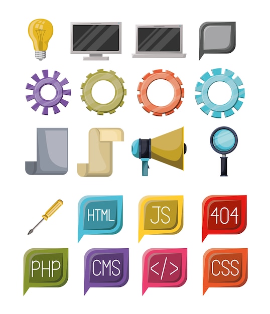 Colorido conjunto de elementos de iconos de lenguajes de programación ...