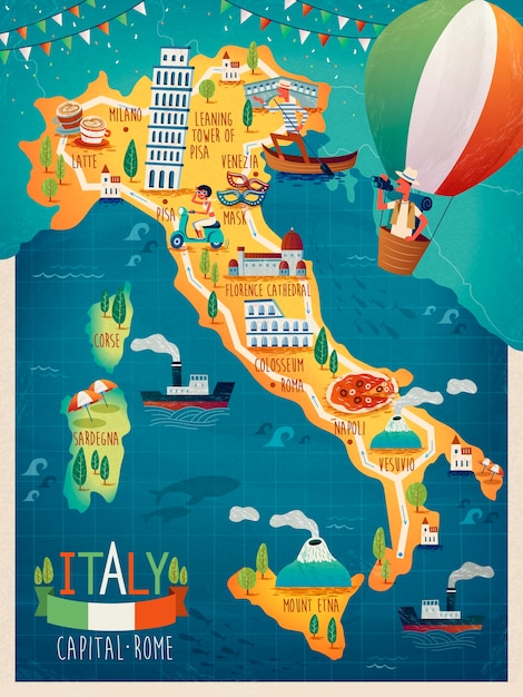 Colorido Mapa De Viaje De Italia Con Simbolos De Atraccion Palabras En Italiano Para Venecia Monte Vesubio Milan Napoles Cerdena Roma Y Palabras En Frances Para Corcega En Toda La Imagen