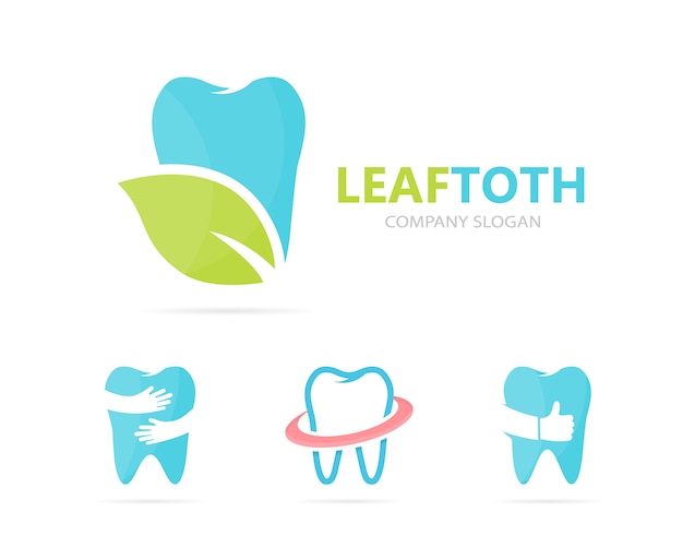 Combinación de logo de diente y hoja. Vector Premium