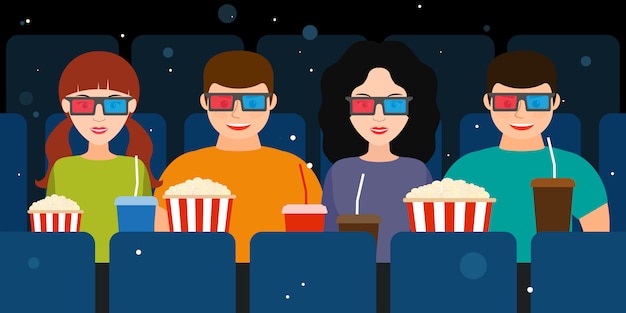 Compania De Dos Parejas En El Cine En Gafas 3d Vector Premium