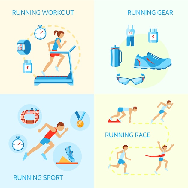 La composición corriente que activa de los iconos de la raza del deporte del engranaje del entrenamiento aisló el ejemplo del vector vector gratuito