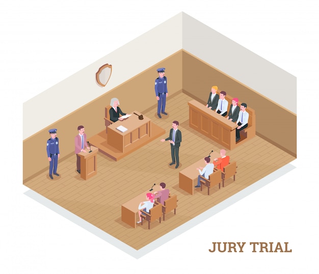 Composición isométrica de justicia judicial con texto y vista de la sala  del tribunal durante la sesión con ilustración de personajes humanos |  Vector Gratis