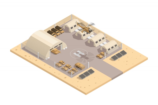 La composición isométrica militar de color beige con helipuerto y estacionamiento custodió el área vector ilustración vector gratuito