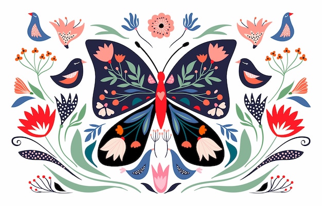 Composición de primavera con mariposas florales y elementos ...