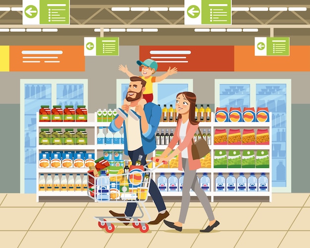 Compras Familiares En Supermercado Vector De Dibujos Animados Vector Premium