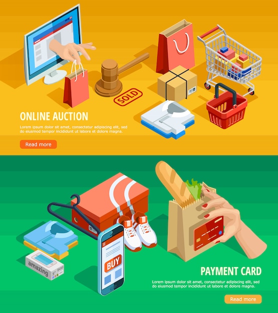 Compras en línea e-commerce banners isométricos vector gratuito