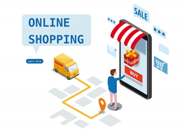 Compras en línea, servicio de entrega urgente, servicio de mensajería. diseño isométrico Vector Premium