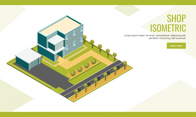 Compre el diseño isométrico de la página de aterrizaje basado en el concepto con el edificio del paisaje urbano y el fondo del jardín. Vector Premium
