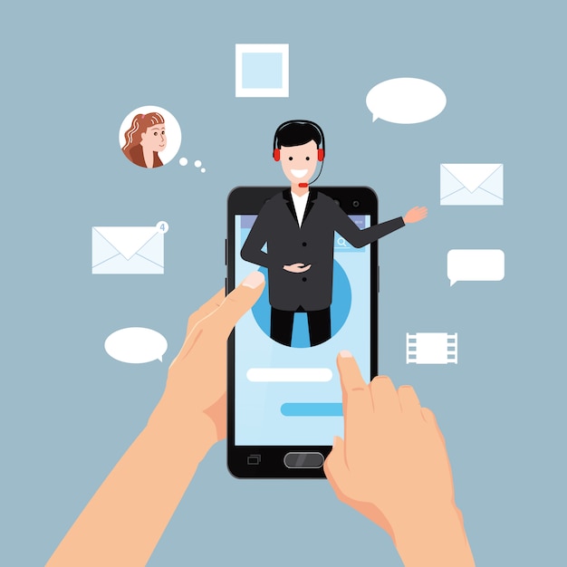 Concepto de asistente en línea, teléfono inteligente, cliente y operador, centro de llamadas, soporte técnico global en línea 24-7 Vector Premium