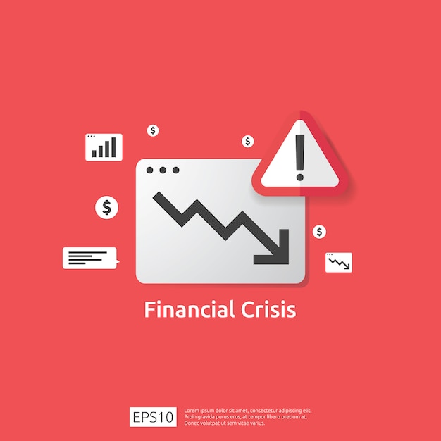 Concepto de crisis de finanzas empresariales con alerta de exclamación. gráfico de dinero caer símbolo. flecha disminuir economía estiramiento caída creciente. perdido en bancarrota en declive. reducción de costo. pérdida de ingreso Vector Premium