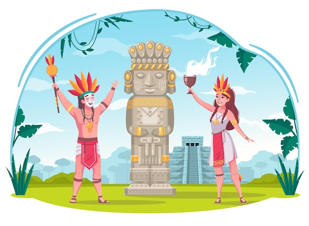 Concepto De Dibujos Animados De La Civilización Maya Con Ilustración De Símbolos De La Cultura 