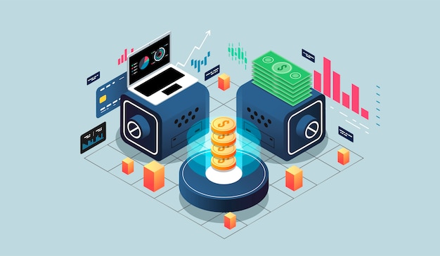 Concepto de diseño isométrico de realidad virtual y realidad aumentada. desarrollo de software y programación Vector Premium