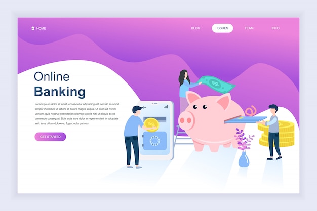 Concepto de diseño plano moderno de la banca en línea para el sitio web Vector Premium