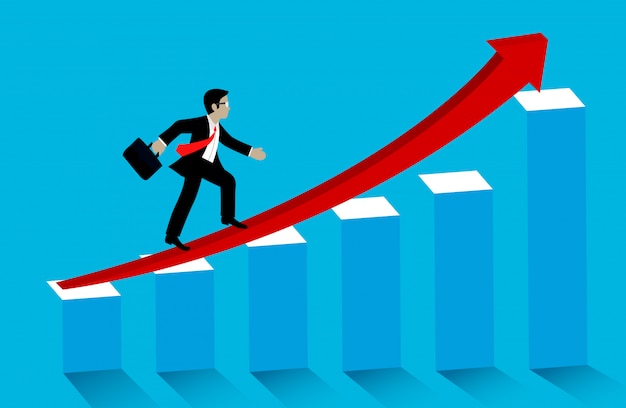 Concepto de éxito empresarial. empresario camina hacia arriba las flechas rojas en el gráfico de barras para apuntar con el crecimiento | Vector Premium