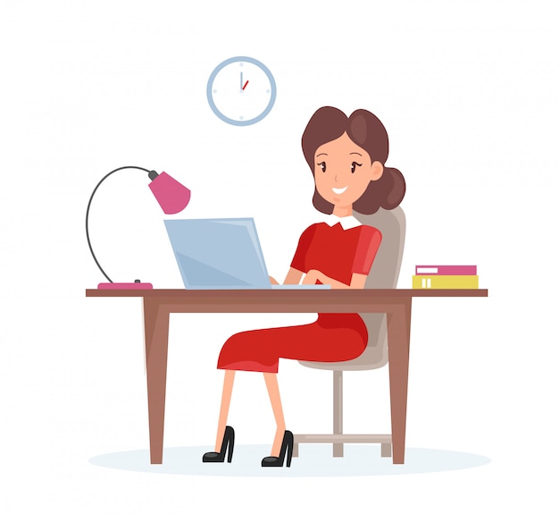 Concepto De Ilustración De Mujer De Negocios Mujer Feliz Está Trabajando En La Computadora 1268