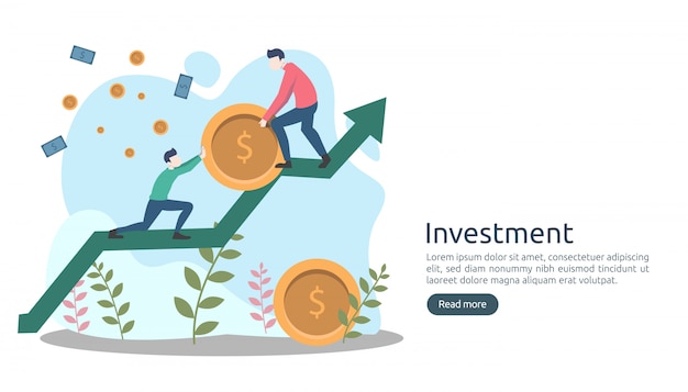 Concepto de inversión empresarial. moneda de pila de dólares, gente diminuta, dinero. Vector Premium