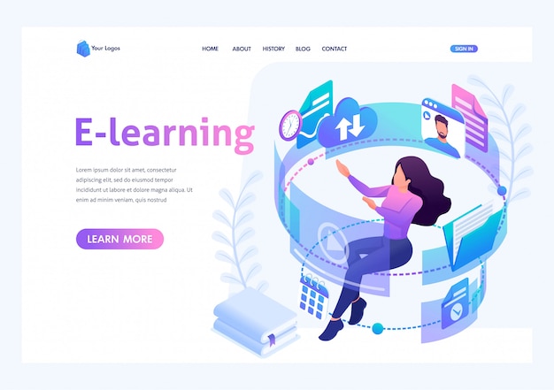 Concepto isométrico joven en el proceso de aprendizaje a través de internet, viendo videos educativos. página de inicio de plantilla para sitio web Vector Premium