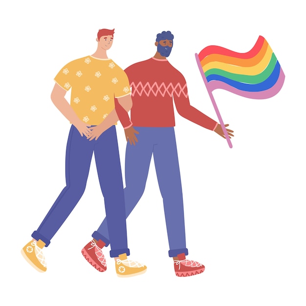 Concepto Lgbt Una Pareja Gay Enamorada Participa En Un Desfile Del Orgullo Gay Ilustración 5928