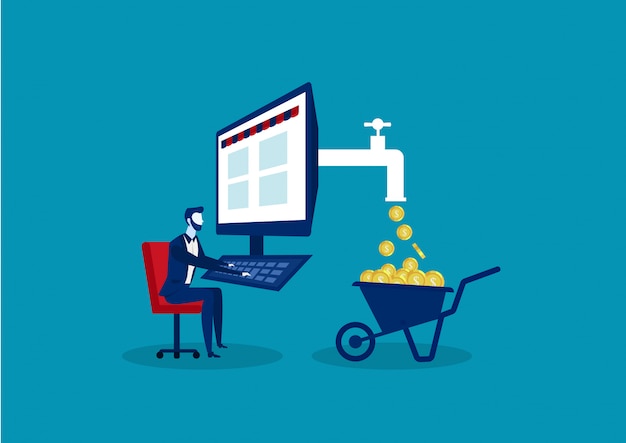 Concepto de negocio para obtener ganancias utilizando internet como trabajo independiente, marketing empresario o comercio electrónico sentado directamente en la silla trabajando en la computadora Vector Premium