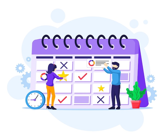Concepto de planificación empresarial, personas que completan el horario en un calendario 