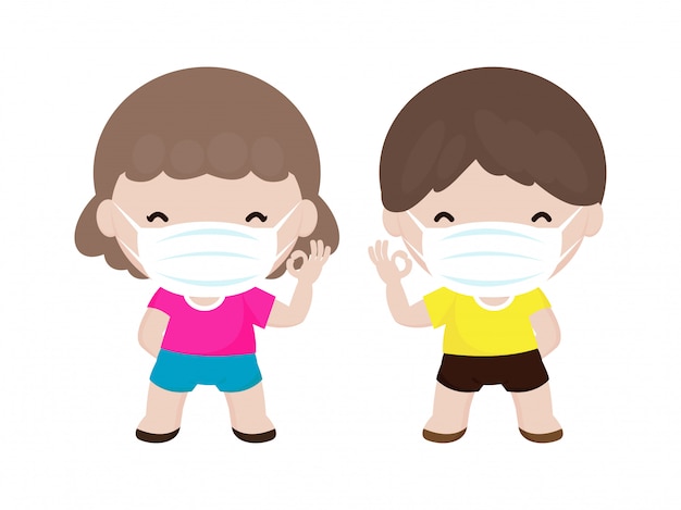 Concepto de prevención de la enfermedad coronavirus 2019-ncov o covid-19  con niños lindos niño y niña con mascarilla aislada sobre fondo blanco  ilustración vectorial | Vector Premium