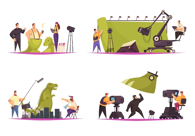 Concepto De Produccion Cinematografica De Cine 4 Composiciones Planas Comicas Con Actor De Rodaje En Traje De Dinosaurio Vector Gratis