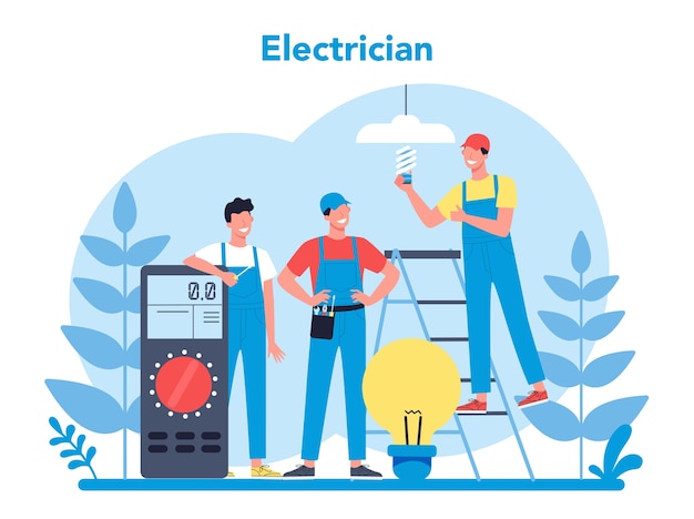 Concepto De Servicio De Obras De Electricidad Trabajador Profesional En El Elemento Electrico De Reparacion Uniforme Tecnico De Reparacion Y Ahorro Energetico Ilustracion De Vector Aislado En Estilo De Dibujos Animados