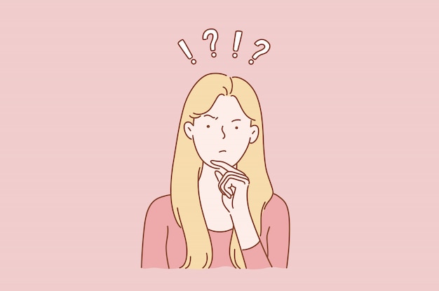 Concepto de sueño joven bonita bonita linda mujer o niña, señora indecisa pensó elegir decidir dilemas resolver problemas para encontrar nuevas ideas. Vector Premium